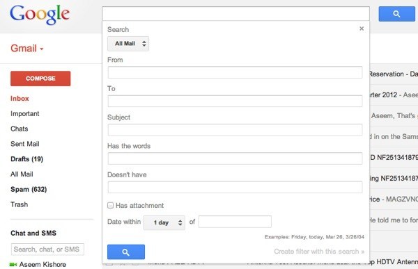 opções de pesquisa do Gmail