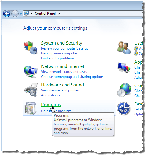 Clicando no link Programas no Windows 7