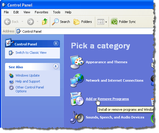 Clique em Adicionar ou Remover Programas no Windows XP