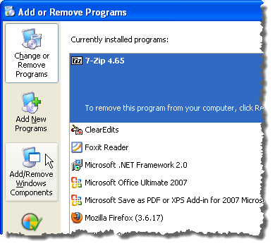 Clicando em Adicionar / Remover Componentes do Windows no Windows XP