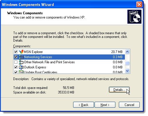 Clicando em Detalhes no Assistente de Componentes do Windows