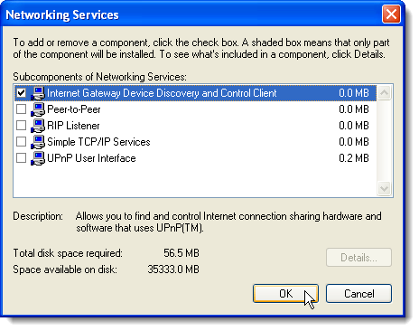 Detalhes dos serviços de rede no Windows XP
