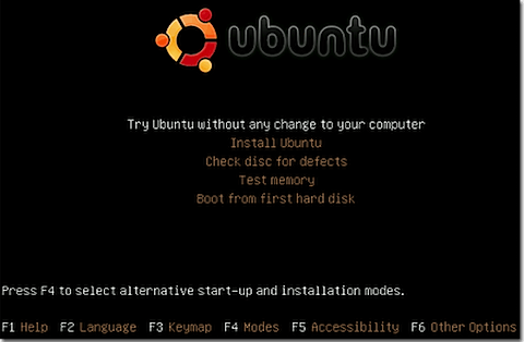 Menu principal do Ubuntu Linux Live CD