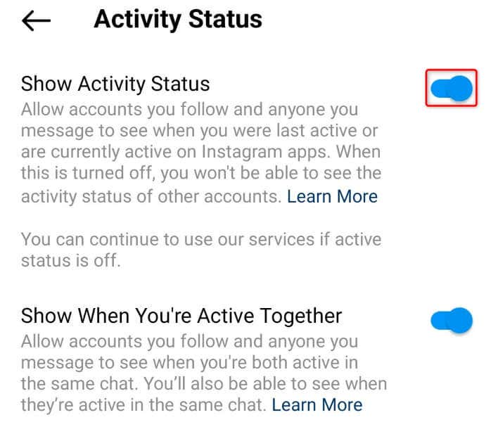 Ative o status da atividade para corrigir as notas do Instagram que não aparecem imagem