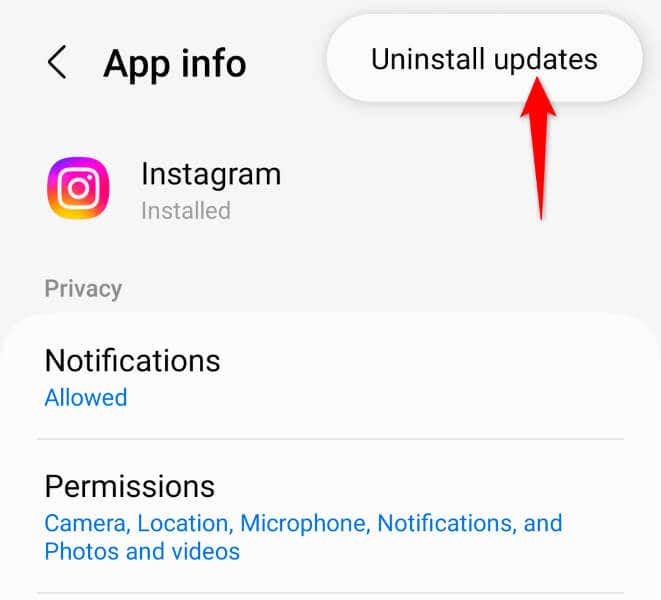 Desinstale as atualizações de aplicativos do Instagram na imagem do Android