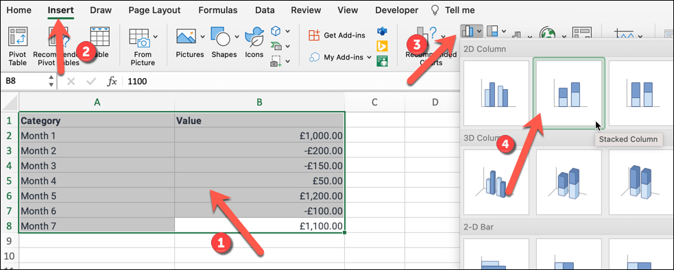 Como criar um gráfico em cascata no Microsoft Excel imagem 6